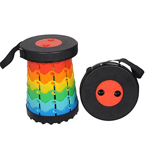 Tragbarer Teleskophocker für Erwachsene, robust, Kunststoff, zusammenklappbar, kann 227 kg tragen, einziehbarer Klapphocker zum Angeln, Wandern, Reisen (Kinder, schwarzer Regenbogen) Cover