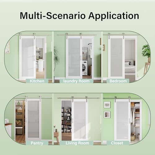 Image of 30 inch x 80 inch 5-Lites Solid Core MDF Panel Barn Door with Trimmable 72 inch Track Kit, Paintable Sliding Barn Doors for Closet Kitchen Bedroom Excellent Sound & Thermal Insulation, Nickel-Plated Hardware Kit