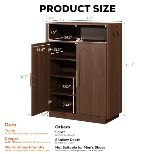 Image of Shoe Cabinet with Arched Doors, 43 inch Tall Large Hidden Shoe Storage Cabinet with Adjustable Shelves, 5-Tier Mid Century Modern Shoe Rack Organizer for Entryway Hallway Living Room, Walnut