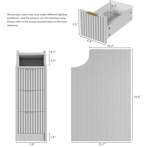 Image of 7.9 inch Narrow Nightstand Set of 2,23.6 inch Tall Fluted Bedside Table Set of 2, Slim Side End Table with 3 Drawers, Wooden Bedside Table, White Wood Night Stand for Bedroom Livingroom Sofa Office