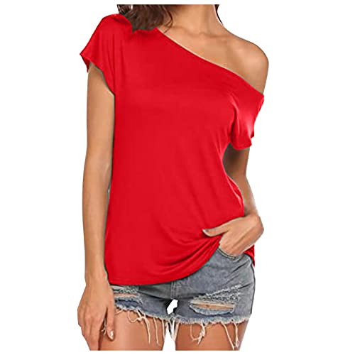 Camiseta de verano para mujer, elegante, sexy, manga corta, monocolor, holgada, tallas grandes, camiseta larga, camiseta de hombros descubiertos, sudadera, blusa, túnica, camiseta básica, rojo, XL