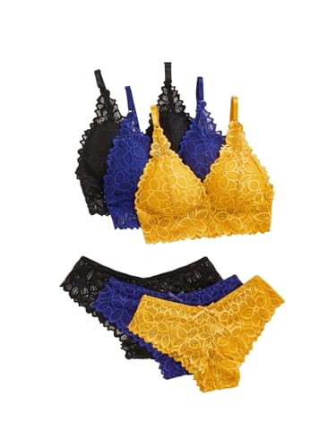 Image of Verdusa Women's Lingerie Sets 6 Piece Lace Bow Floral Underwear Bras Wireless Padded Bra and Panty Set