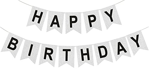 Silver Birthday Banner, Thick Fabric Pre-strung Glitter Sign for Party Decorations