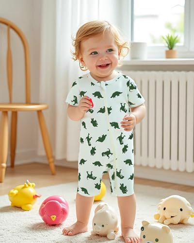 Newborn Baby Boy Clothes Summer Infant Boy Outfits Dinosaur Short Sleeve Zipper Rompers Jumpsuits Bodysuit 2 Pack3