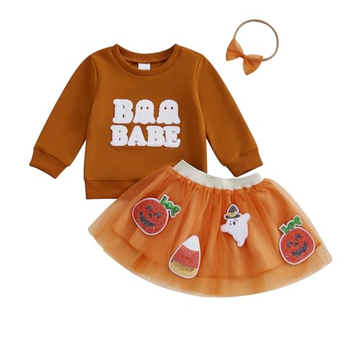 Toddler Girl Halloween Outfit Ghost Boo BABE Embroidery Sweatshirt Pumpkin Ghost Tulle Skirt Headband Fall Clothes