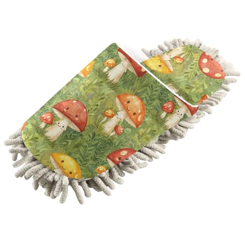 Burbuja Cartoon Mushrooms Mop Slippers Microfiber Cleaning Slippers Washable Cleaning Dust Slippers for Women Men Home Kitchen, Free Your Hands, 9-12