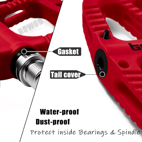 BOWOD Bicycle Pedals Mountain Bike Pedals Adult, Non-Slip MTB Pedals Flat, Light and Large Nylon Fiber Platform Pedals, Grippy Composite Pedals w 12Pins w Cr-Mo Axel, Red Pedals for BMX MTB Bike 9/16\"