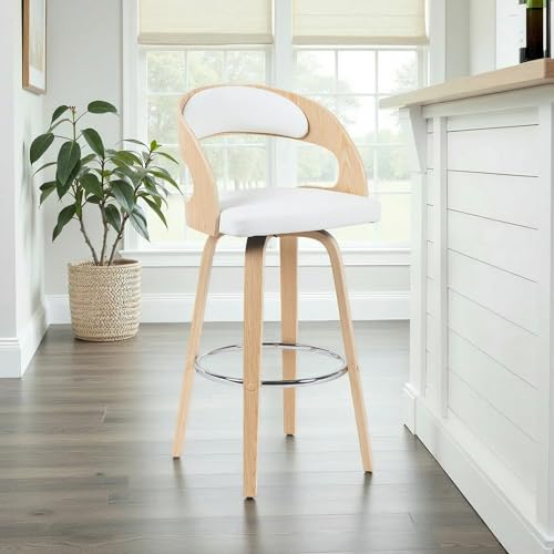 Shelly Modern Bar Height Swivel Stool in Patterned Oak Finish with White Faux Leather Upholstered Seat Set of 2 by Armen Living - Image 2
