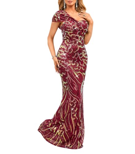 Image of Cololura Women Sexy Sequin One Shoulder Mermaid Formal Party Cocktail Gowns Bodycon Evening Maxi Dress