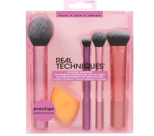 Real Techniques Kit de preparação de pele com 4 pincéis e suporte de pincel, amarelo