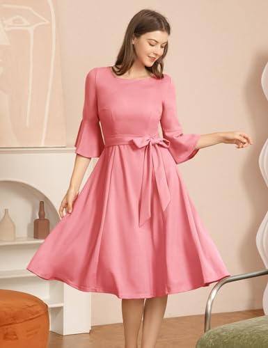 Women's Vintage Cocktail Dresses Elegant Bell Sleeve for Women Wedding Guest for 2025 Elegant Fromal Dress Peach L — view 2
