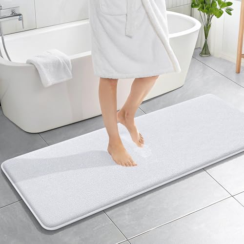 Image of OLANLY Thick Memory Foam Bathroom Runner Rugs 59x20, Extra Soft Absorbent Long Bath Rug, Quick Dry Bath Mats, Non-Slip, Machine Washable Mat for Bathroom, Tub and Shower, Home Decor Accessories, White