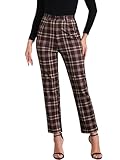Allegra K Women's Plaid Cropped Trousers Button Casual Tartan Check Work Pants, Red Brown, Large