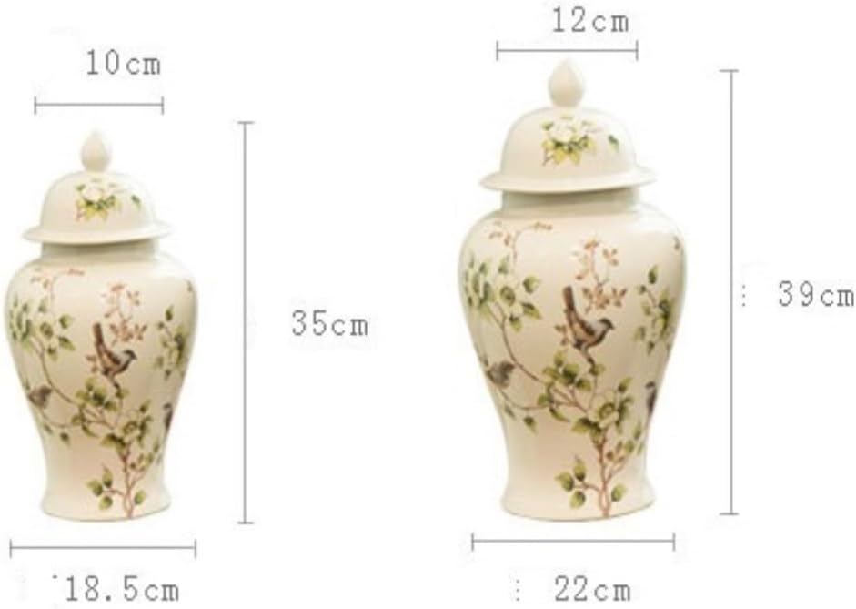 Food Storage Jar,Decorative Jar Ginger Jar Vase Decor White Ceramic Ginger Jar with Lid for Home Decor,Traditional Chinese Flowers and Birds Temple Jar Ginger Jars Storage,A-18.5 * 35Cm