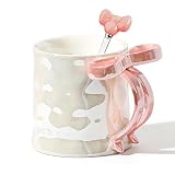 Tasse mignonne avec ruban   350 ml Tasse à café rose, jolie tasse en céramique pour café et thé, tasses en porcelaine de haute qualité avec anse pour la maison et le bureau
