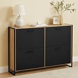 CASABEL Meuble de Rangement à Chaussure Industriel 24 Paires   Double Compartiment   Armoire Etagere Grande Capacité pour Entrée, Couloir   L114xP24xH83 cm   Portes Noires Cadre Bois Clair