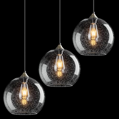 Image of Clear Glass Pendant Lights Kitchen Island Lighting Globe Pendant Light Fixtures Modern Pendant Lighting for Kitchen Island Bedroom Living Dining Room Light Fixture(9.84in, 3-Pack)