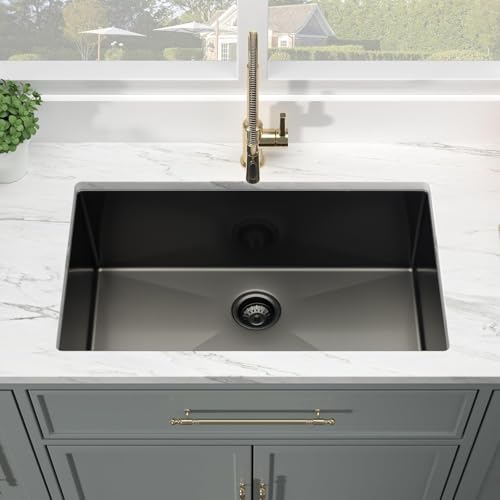 Kichae 30 Black Undermount Kitchen Sink - 30 inch Undermount Sink 18 Gauge Gunmetal Black Stainless Steel Deep Handmade Single Bowl Sink Basin