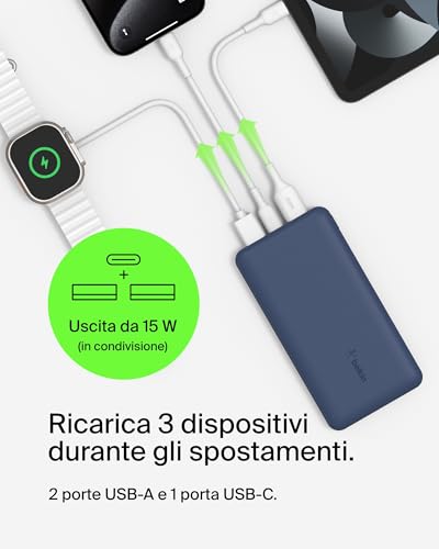 Belkin Batteria esterna portatile da 10000mAh, caricabatteria USB-C 10K con 1 porta USB-C e 2 porte USB-A, power bank con ricarica da 15 W per iPhone, Samsung Galaxy, Pixel, AirPods, iPad ecc - Blu - Immagine 1