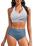 Nadeer Bikini Damen Set Bauchweg Badeanzug Zweiteiliger High Waist Bademode Sexy V Ausschnitt Neckholder Push Up Große Brüste Blumenmuster Swimsuit(Blau Weiß,M)