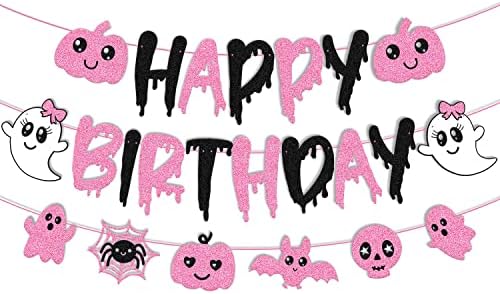 Pink Black Halloween Birthday Banner Halloween Ghost Bat Happy Boo Day Little Boo Themed for Girl Halloween Happy Birthday Party Supplies Glitter Halloween Decoration