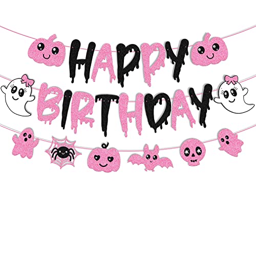 Pink Black Halloween Birthday Banner Halloween Ghost Bat Happy Boo Day Little Boo Themed For Girl Halloween Happy Birthday Party Supplies Glitter Halloween Decoration #TOP1