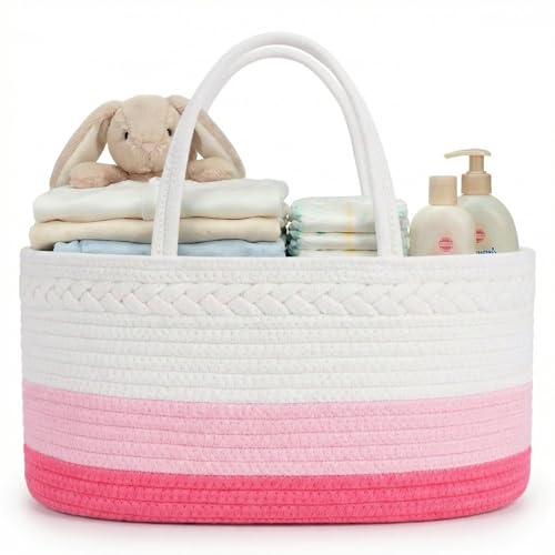 Baby Diaper Caddy Organizer, Extra Large Cotton Rope Nursery Diaper Basket, Changing Table Organizer, Portable Tote Bag with Divider, Car Storage, Baby Shower Gifts for Newborn Girls - Pink