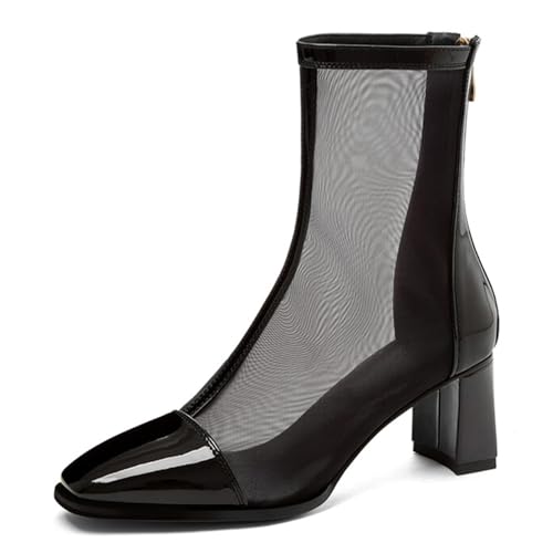 Alyaafifa Mesh Bootie Sandals for Women with Heel 2 Inches Comfortable Chunky Block Heel Closed Square Toe Patent Leather Back Zipper Dressy Summer Shoes Party Event Prom Date