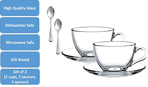 Bohem's Espresso Cups, 3.2-Ounce. Small Demitasse Clear Glass Espresso Drinkware, Set Of 2 Cups, Saucers And Stainless Steel Mini Spoons, Hostess, Coffee Lover/Enthusiast, (Clear 2) #TOP4