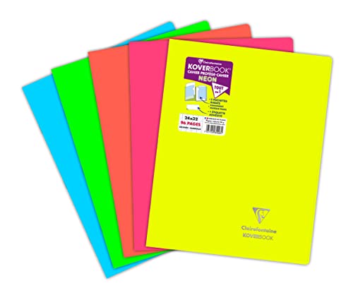 Clairefontaine 981423C Un Cahier Agrafé Koverbook Neon - 24x32 cm - 96 Pages Grands Carreaux - Papier Blanc 90 g - Couverture Polypro Opaque - Couleur Aléatoire