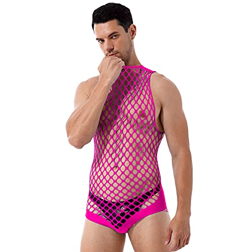 Choomomo Body String Homme Sexy Maillot de Corps Transparent Combinaison sans Manches Nuisette Babydoll Costume Bar Pub Gay Sissy Danse Performance Hot Pink Taille Unique Cover
