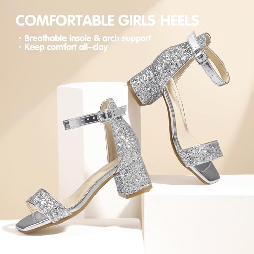 Image of Hehainom Girls Dress Shoes Heels Sandals Little Big Kids Square-Toe Ankle Strap Wedding Party Flower Girls Shoes