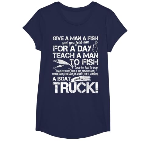Funny Fishing Teach A Man to Fish T-Shirt T-Shirt, Girls, Navy Blue, Small