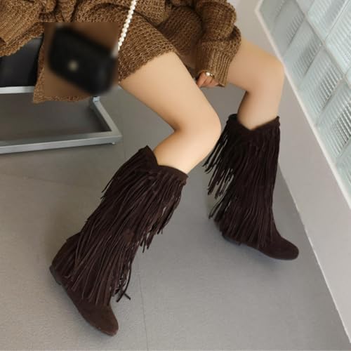 Women's Western Fringe Boots Knee High with Hidden Heel Round Toe Platform Pull On Design Suede Plush Moccasin Cowgirl Boots for Wide Calf Low Heel Comfort Fall Winter Fashion4