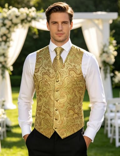 Image of DiBanGu Mens Vest and Tie Set Formal Paisley Waistcoat and Necktie Pocket Square Cufflinks Silk Suit Vest for Tuxedo Wedding