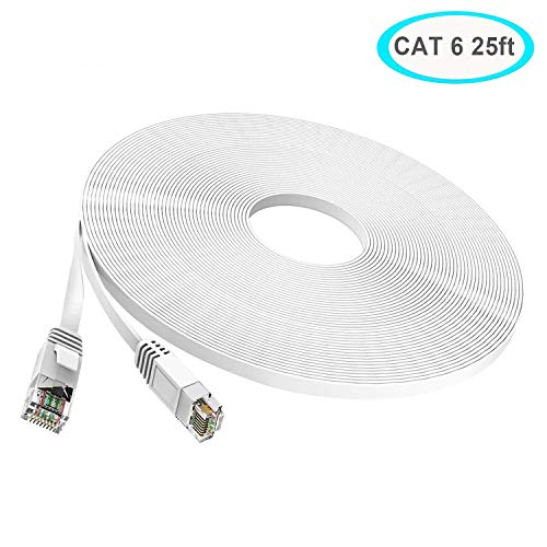 TBMax Cat 6 Ethernet Patch Cable Flat 25ft,Fast Ethernet than Cat5e/Cat5 Bandwidth,Short Network Cat6 Cable Patch,25 ft Slim Internet Cable Computer/Gaming Ethernet Cord Snagless RJ45 Connectors White