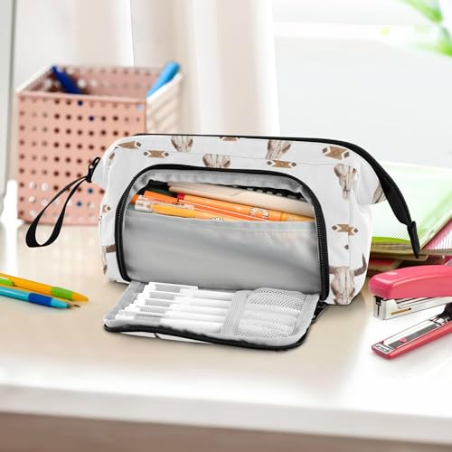 Image of Fisyme Western Bull Skull Pencil Case Large Capacity Pencil Pouch Pen Bag Box Big Makeup Pencil Case Organizer