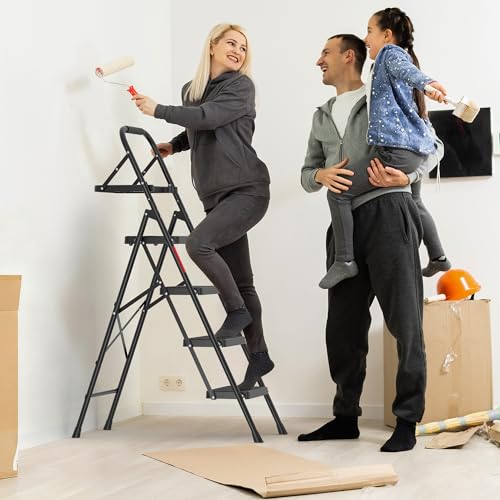 Image of BONTEC 4-Step Ladder, Folding Step Stool, 600lbs Max Load, Black