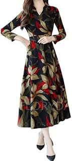 Vivient Collar A-line Elegant Red Floral-print Long Sleeve Dress For Women