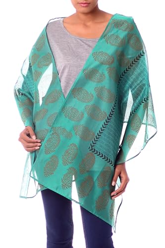NOVICA Artisan Handmade Cotton Silk Shawl India Paisley Block Print Wrap Accessories Shawls Green Lucite Patterned ' Story in Turquoise'