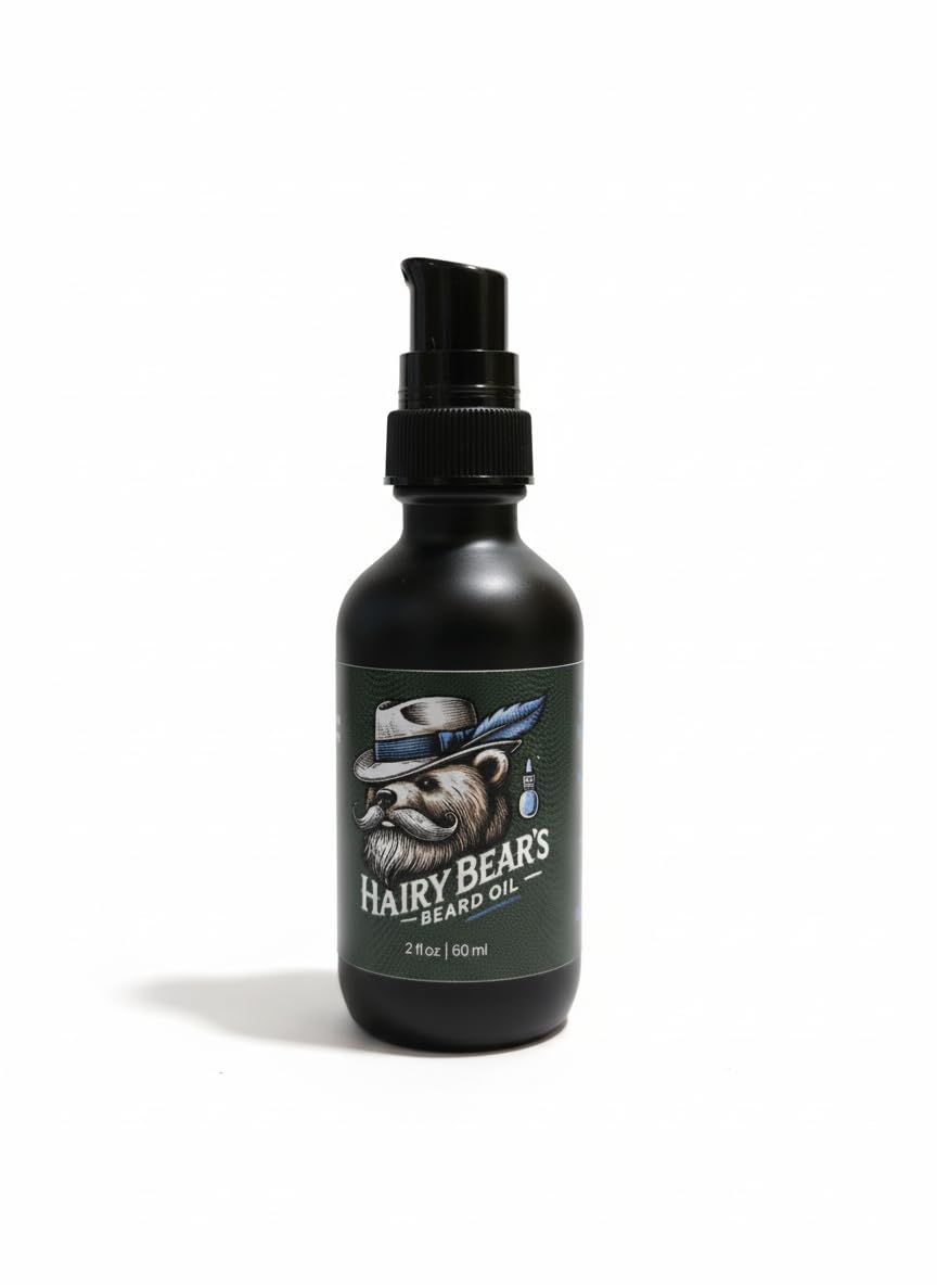 Hairy Bear’s Beard Conditioning Oil – Sandalwood | Organic Castor & Jojoba | Non-Greasy Beard Conditioner | 2 fl oz Pump Glass Bottle