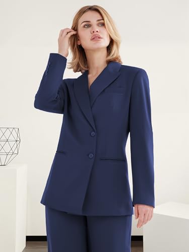 Women's 2 Piece Suit One Button Business Casual Office Work Outfits Dressy Blazer Wide Leg Pants Set Navy3