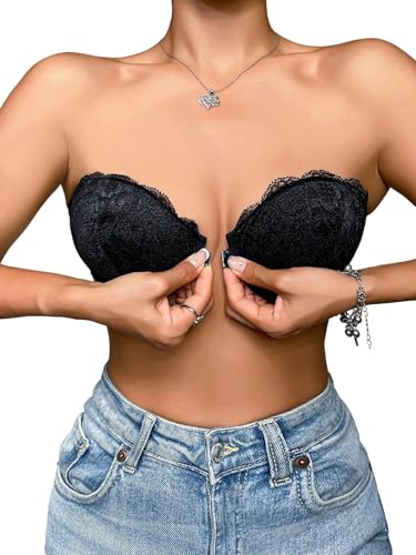 GORGLITTER Trägerloser BH Damen Push Up Spitze Bralette mit Bügel Gepolsterter Bra Verschluss Vorne BHS Bustier Unterwäsche Bandeau-BH Schwarz M GORGLITTER Trägerloser BH Damen Push Up Spitze Bralette mit Bügel Gepolsterter Bra Verschluss Vorne BHS Bustier Unterwäsche Bandeau-BH Schwarz M