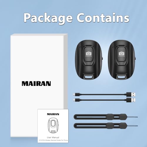 MAIRAN 2 Pack Rechargable Wireless Camera Remote Shutter for iPhone and Android Smartphones, Bluetooth Phone Remote Control,Selfie Button for Photos and Videos Charging Cable and Wrist Strap Included - Thumbnail 7