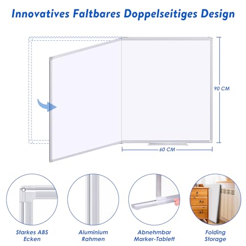 maxtek Whiteboard Magnetisch 120 x 90 cm, Magnettafel Groß mit Aluminiumrahmen und Abnehmbarem Tablett, Trocken Abwischbar Beidseitig Beschreibbar Pinnwand Magnetisch, Geeignet für Büro, Schule, Haus