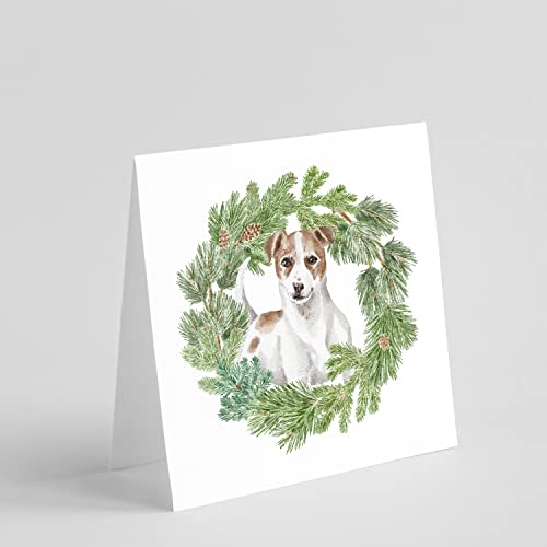 Caroline's Treasures CK8861GC55 Jack Russell Terrier Chestnut and White Christmas Wreath Square Greeting Cards and Envelopes Pack of 8 Blank Cards with Envelopes Blank Thank You Note Greeting Cards St