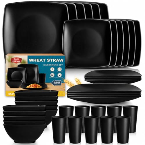 Teivio 40-piece Plastic Wheat Straw Square Dinnerware Set,Service for10, Unbreakable Dinner Plates, Salad Plates, Snack Bowls, Tumblers 13.5 oz, Dishwasher Safe, Kitchen Outdoor Camping Dish, Black