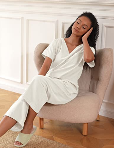 Ekouaer Women's Pajamas 2 Piece Outfits Tracksuit Short Sleeve Top Wide Leg Pants Sleepwear Cotton Linen Loungewear Set(White,M) #TOP3