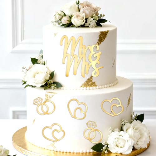 CORNER LACE Gold Mr & Mrs Mirror Acrylic Cake Toppers - Golden Heart Diamond Ring Cake Picks Party Decorations, Bride and Groom Bridal Shower Wedding Engagement Anniversary Party Supplies