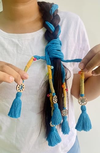 Image of Zippy Flora Neelima Parandi (Firozi) | Traditional Boho Handmade Paranda Hair Accessory with Braid Tassels | Women's Ethnic Hair Extension for Choti, Braids & Patiala Shahi Hairstyles